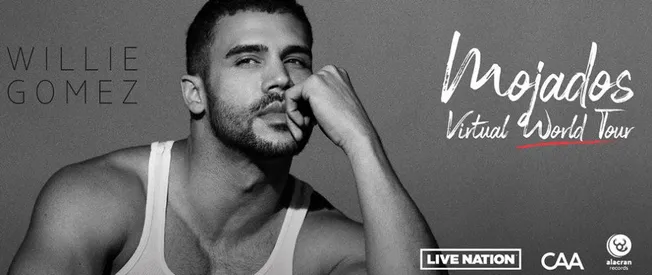 Willie Gomez Mojados Virtual World Tour promotional image, featuring artist Willie Gomez in a thoughtful pose, advertising a