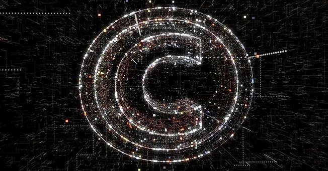 © Digital matrix with copyright symbol, representing digital rights, copyright protection, and intellectual property in the m