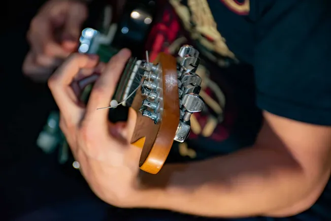 Stringed musical instrument tuning close-up, focusing on tuning pegs and strings, with blurred background.
