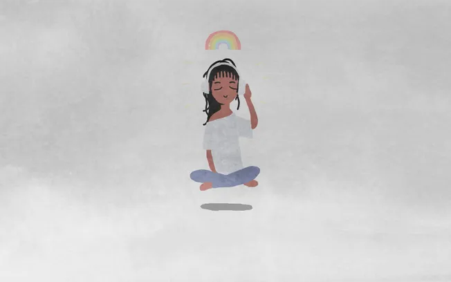 Relaxed woman listening to music with headphones, meditating, and surrounded by a rainbow, symbolizing peace, mindfulness, an
