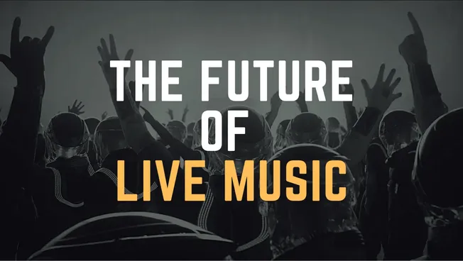 Vibrant live music concert with crowd cheering and raising hands, emphasizing the future of live music events and entertainme