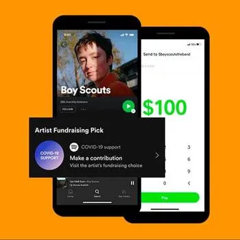 Boy Scouts fundraising app on smartphone showing donation options and support features for artists and COVID-19 relief.