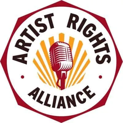 Vibrant logo of Artist Rights Alliance featuring a vintage microphone surrounded by orange rays, emphasizing advocacy for mus