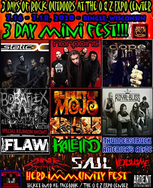 Glow rock band performing at outdoor music festival, vibrant concert scene, live guitar and drums, outdoor stage, rock music