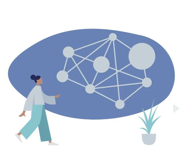 Networking technology concept with interconnected nodes and a person, representing digital communication, social media, and o