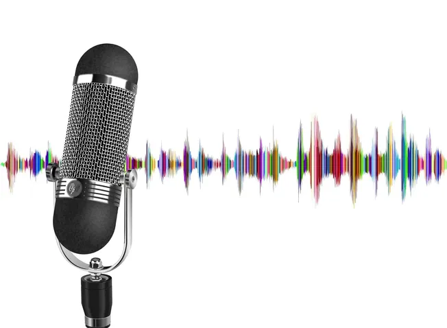 Microphone with colorful sound waves representing music and podcasting, symbolizing audio content, music industry, and digita