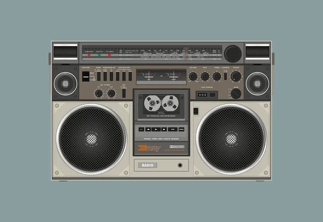 Vintage boombox stereo with cassette deck, radio tuner, and speakers, representing music technology and retro audio equipment