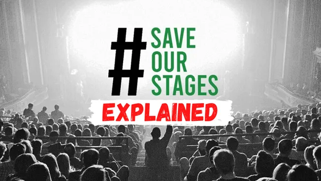 #SAVE OUR STAGES movement protest crowd at a concert venue with a focus on preserving live music venues and supporting local