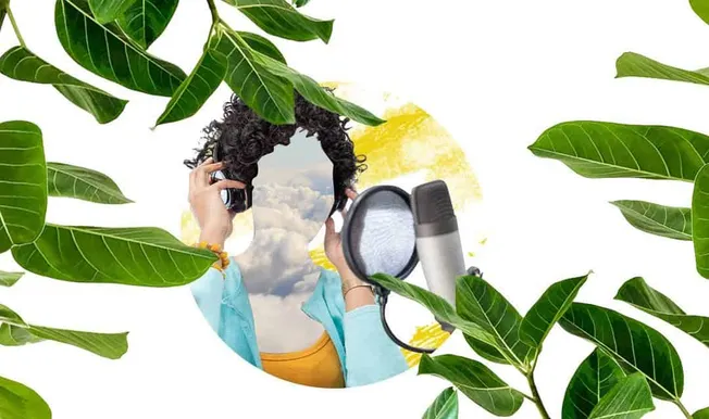 Beautiful digital collage of a woman holding headphones, with a clouded sky reflected in her mirror face, surrounded by vibra