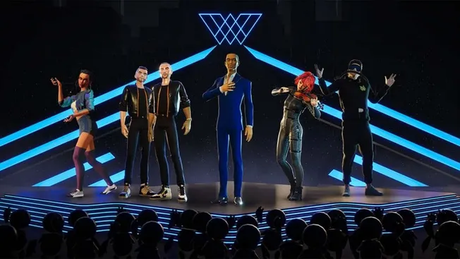 Avatars performing on a digital stage at a music technology conference, showcasing innovative virtual concert experiences and