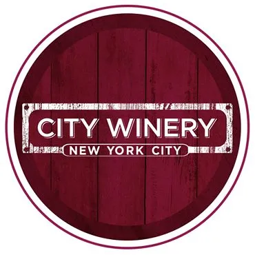 Vineyard logo with "City Winery New York City" on a dark red wooden background, representing a popular NYC wine bar and event