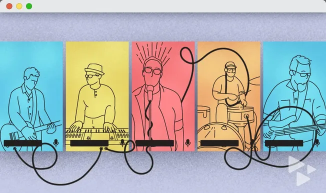 Vibrant illustration of a band with musicians playing guitar, DJ turntables, singing, drums, and bass, emphasizing music, liv