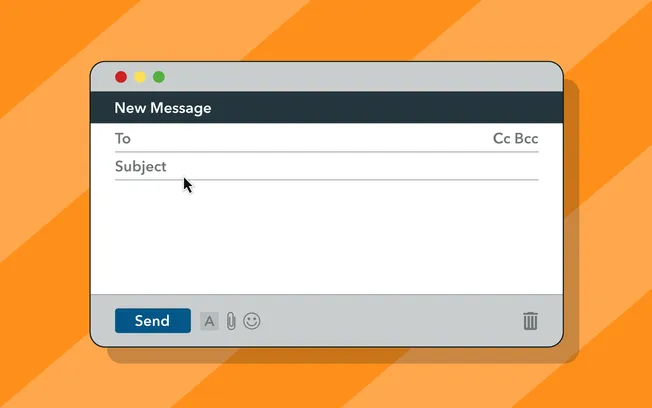A digital illustration of a message email interface with "New Message" title, a "Send" button, and icons for attachments and