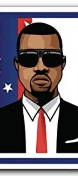 Stylized digital illustration of a man wearing sunglasses, formal suit, and red tie, with a patriotic background featuring st