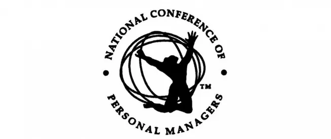 National Conference of Personal Managers logo, black silhouette of a person jumping with arms raised inside circular design,