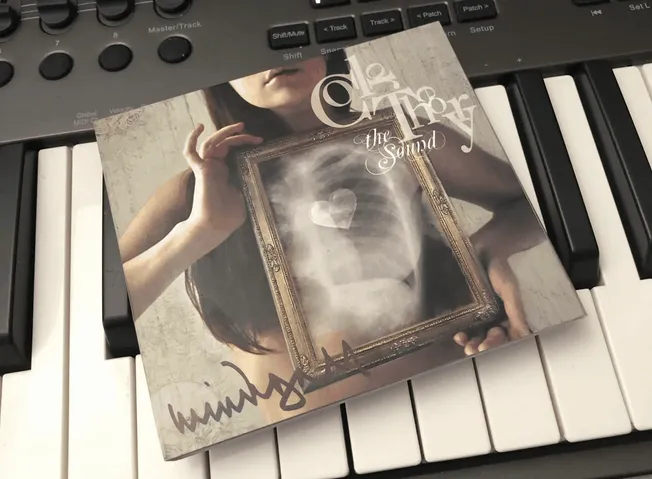 Dreamy album cover featuring a woman holding a framed ultrasound image on a piano keyboard, emphasizing music, art, and emoti