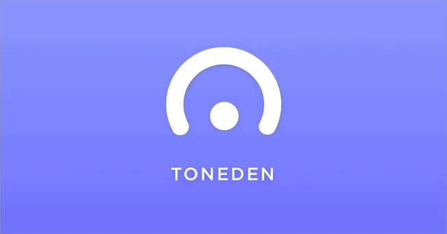 Mp3 audio tuning app logo, sleek modern design with circular sound wave icon and "TONEDEN" text, representing music, sound, a