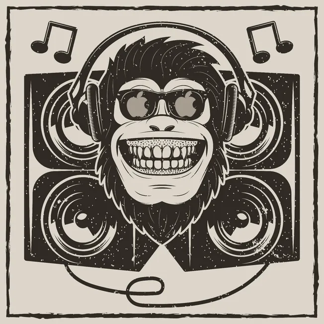 Monkey DJ wearing sunglasses and headphones, surrounded by speakers and musical notes, representing music, dance, and enterta