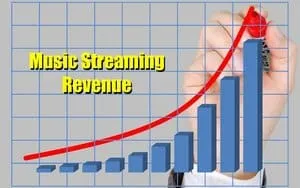 Bar graph showing rising music streaming revenue trend with a red upward arrow, symbolizing growth in digital music earnings,