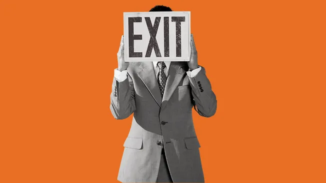 Exit sign, businessperson holding a sign, corporate exit concept, professional in suit with sign, modern business image for c