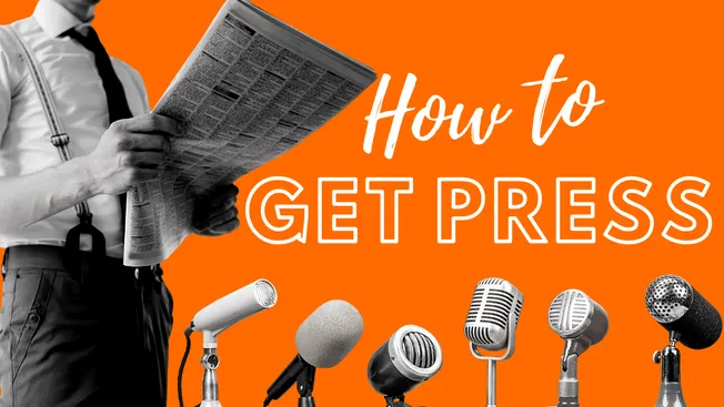 Press conference image with microphones and a man reading a newspaper on orange background, emphasizing media coverage, press