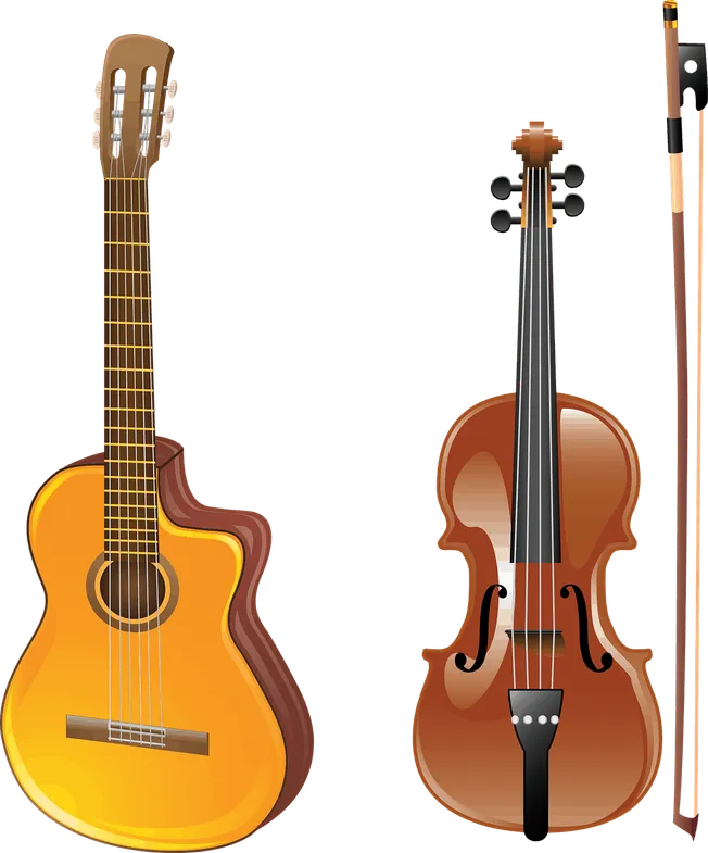 Acoustic guitar and violin with bow on brown background for music或者musical instruments for performing arts.