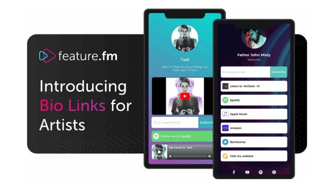 Feature.fm Bio Links for Artists app on mobile screens showcasing music streaming platform integration and audience engagemen