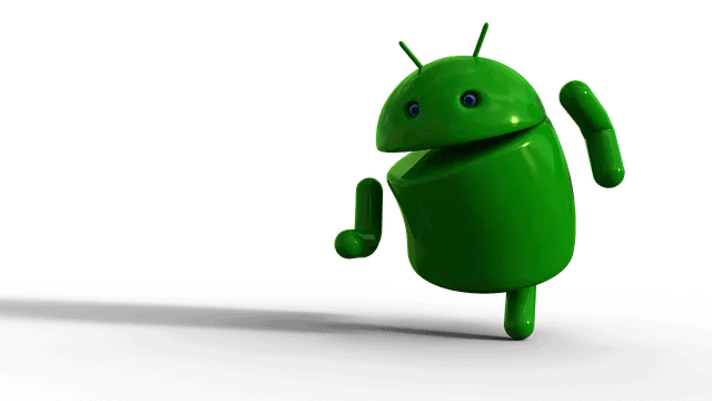 Android robot mascot walking on a dark background, symbolizing mobile technology and app development.
