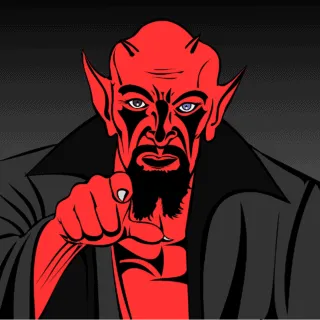 A sinister cartoon vampire with red skin, pointed ears, and piercing blue eyes, wearing a black cape and gesturing with his i