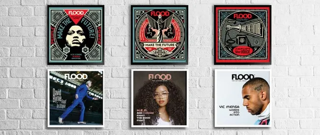 Flood art activism posters promoting future change and empowering voices, alongside a photo of a performer in a blue suit, a