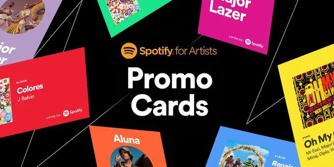 Spotify for Artists promo cards with colorful designs showcasing album and song promotions for musicians and fans.
