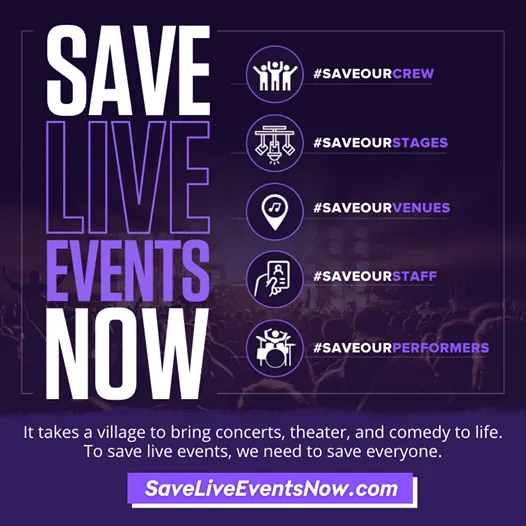 Save live events now promoting concert, theater, and comedy sustainability hashtags for event safety and staff support.