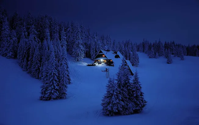 Snow-covered mountainside cabin at night surrounded by filled pine trees, illuminated by warm lights, winter landscape, cold