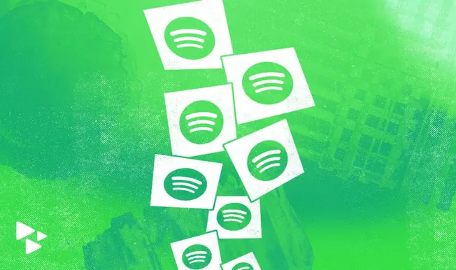 Spotify logo icons falling, digital music streaming, popular music platform, musical entertainment, online music service, dig