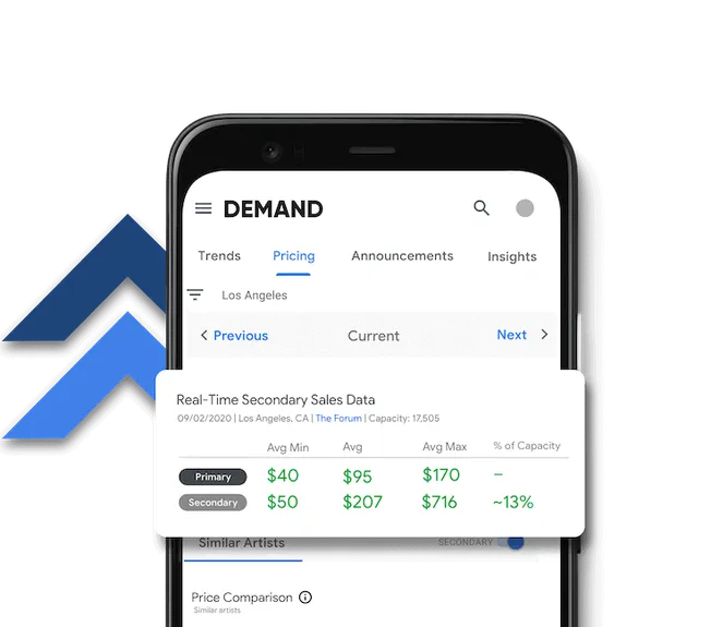 Demand analytics mobile app showcasing real-time secondary sales data for music industry professionals.