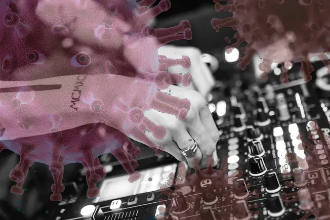 Virus imagery over DJ mixing console, representing COVID-19 impact on music industry, DJ virus, pandemic music, COVID-19 digi