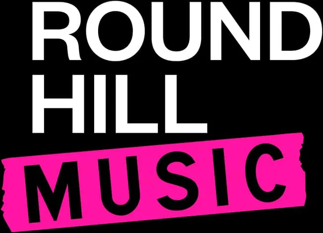 Round hill music logo with bold black, white, and pink design elements promoting music industry branding and entertainment.