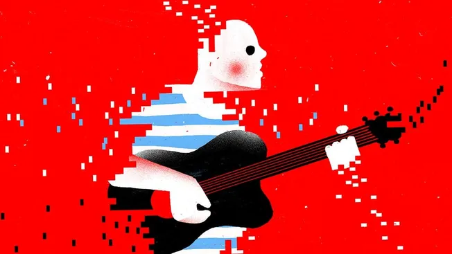 Digital glitch art of a stylized person playing an acoustic guitar, with pixelated effects and a vibrant red background, emph