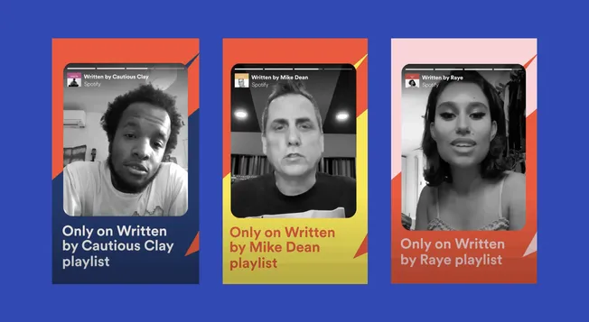 Vibrant social media graphics featuring black and white portraits of diverse artists for music playlists on Spotify, highligh