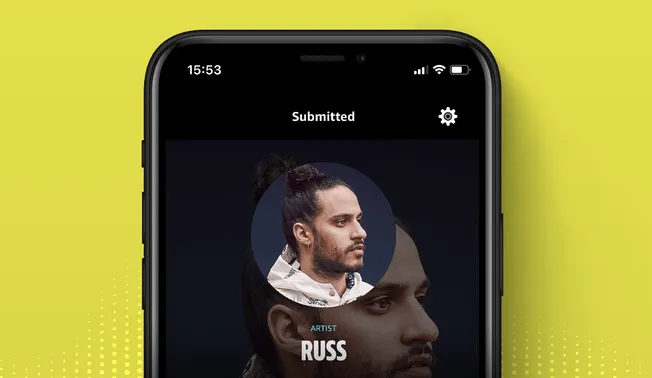 A mobile music submission app displaying artist profiles with sleek dark-themed interface and profile photos of musicians, us