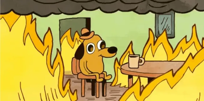 Fire in a house with cartoon dog sitting calmly amidst flames, illustrating chaos or extreme stress, humorous depiction of st