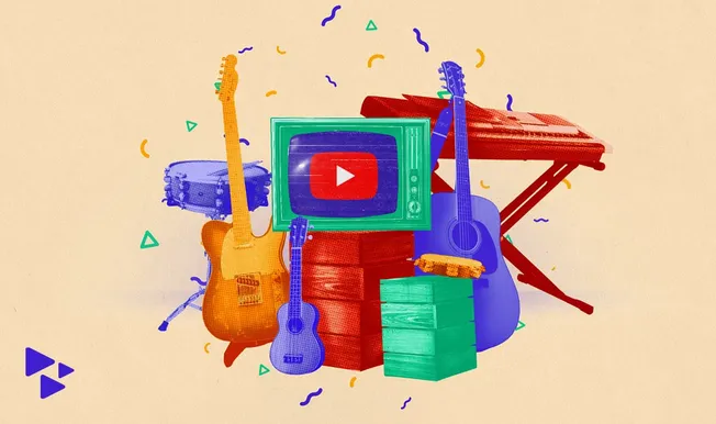 Bright colorful musical instruments and a vintage television displaying the YouTube logo, symbolizing digital music, content