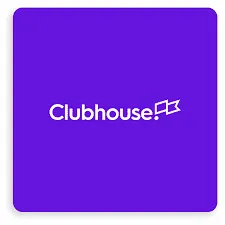 Clubhouse logo on a purple background, representing social audio app for community conversations and networking.