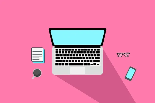 Laptop with keyboard and screen on pink background, office workspace, digital device, modern technology, workspace gadgets.
