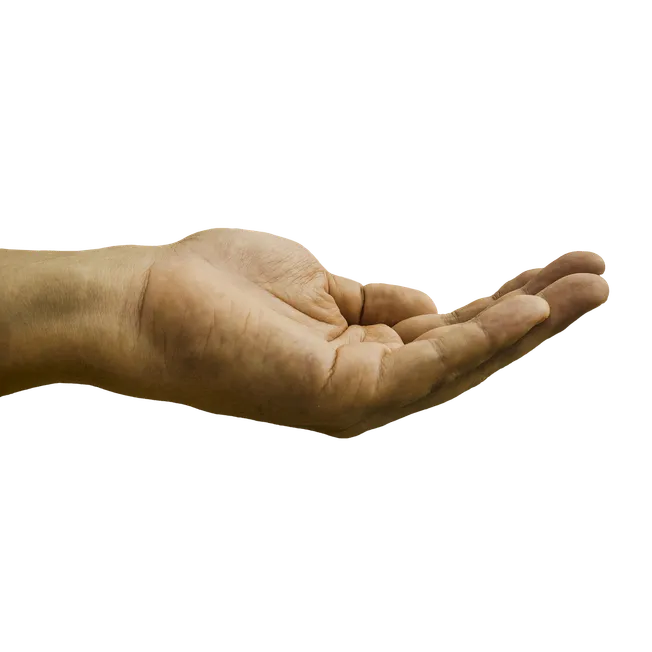 Fingers crossed, a man’s hand gently holding an open palm, symbolizing support, trust, and connection with a neutral beige ba