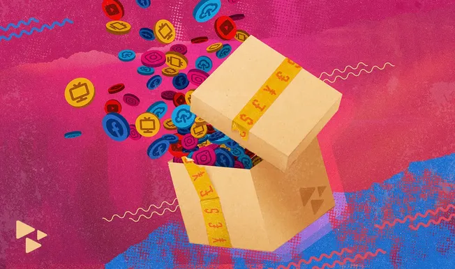 Digital currency coins, social media icons, and cash overflowing from a cardboard box, representing monetization in online mu