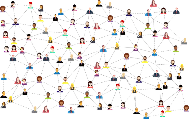 Connectivity network of diverse diverse individuals illustrating social media networking and music industry collaboration for