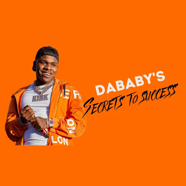 Motivational artist DABABY sharing success secrets with vibrant orange background, inspiring growth tips for musicians and mu
