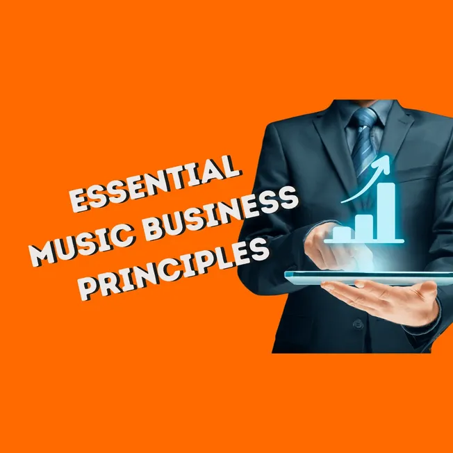 Businessman in a suit holding a digital tablet with an rising growth chart, emphasizing essential music business principles f