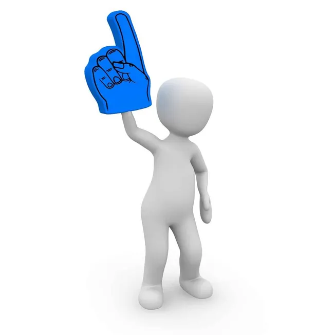 Fingers crossed icon with a 3D humanoid figure raising a blue foam finger for success, symbolizing optimism and encouragement
